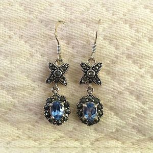 Vintage Art Deco Blue Topaz Marcasite Sterling Silver Drop Earrings